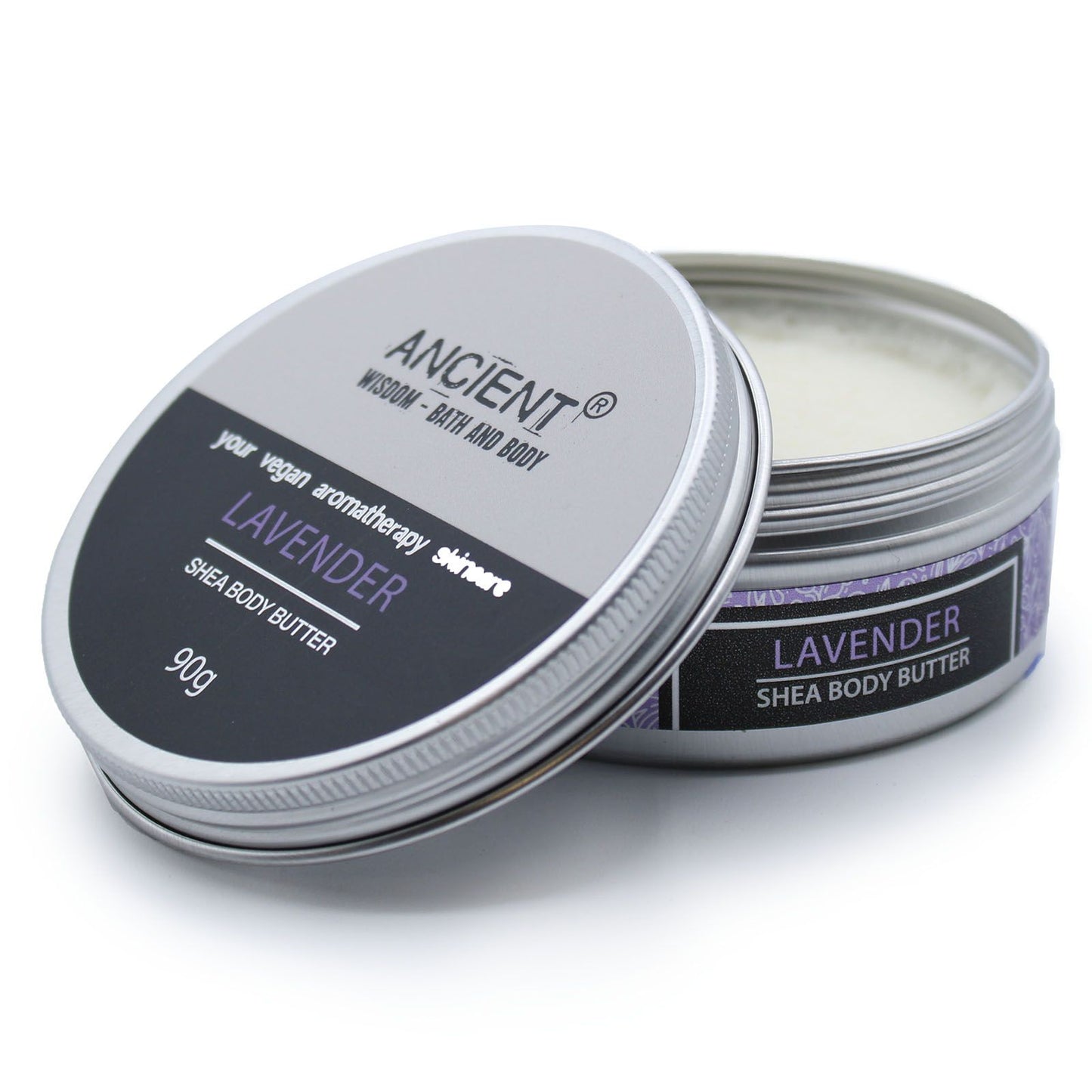 Lavender shea body butter in a metal tin with 'Ancient Wisdom' branding on a white background