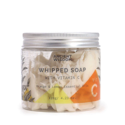 Jar of whipped soap with vitamin C, labeled 'Ancient Wisdom', on a white background
