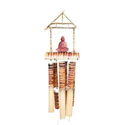 Bamboo wind chime with Buddha figure on a white background