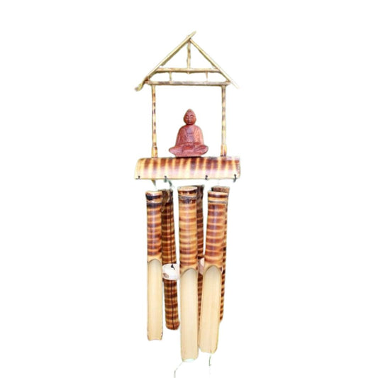 Bamboo wind chime with Buddha figure on a white background