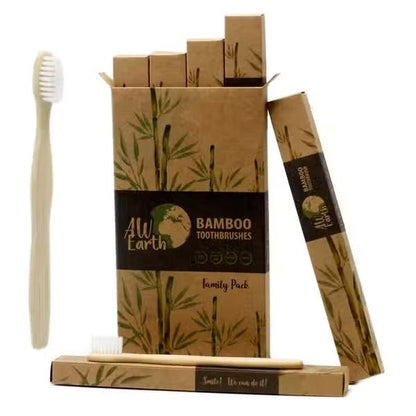 Bamboo toothbrushes with packaging featuring bamboo design and 'AW Earth' branding.