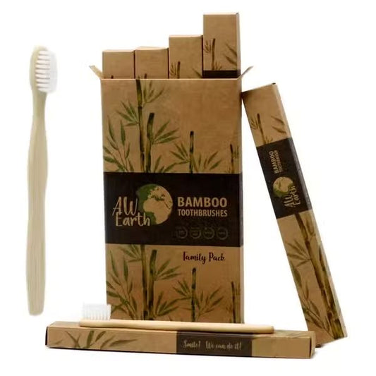 Bamboo toothbrushes with packaging featuring bamboo design and 'AW Earth' branding.