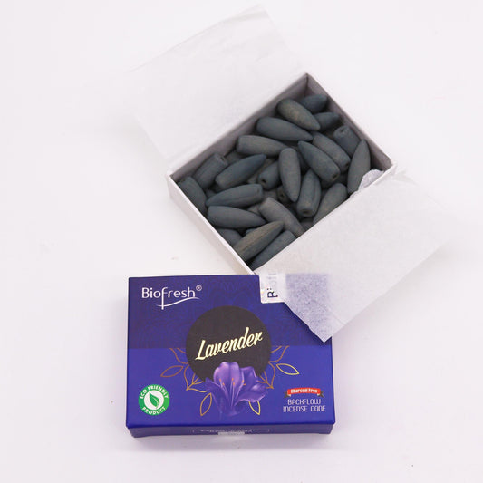 Biofresh lavender incense cones in an open box on a white background