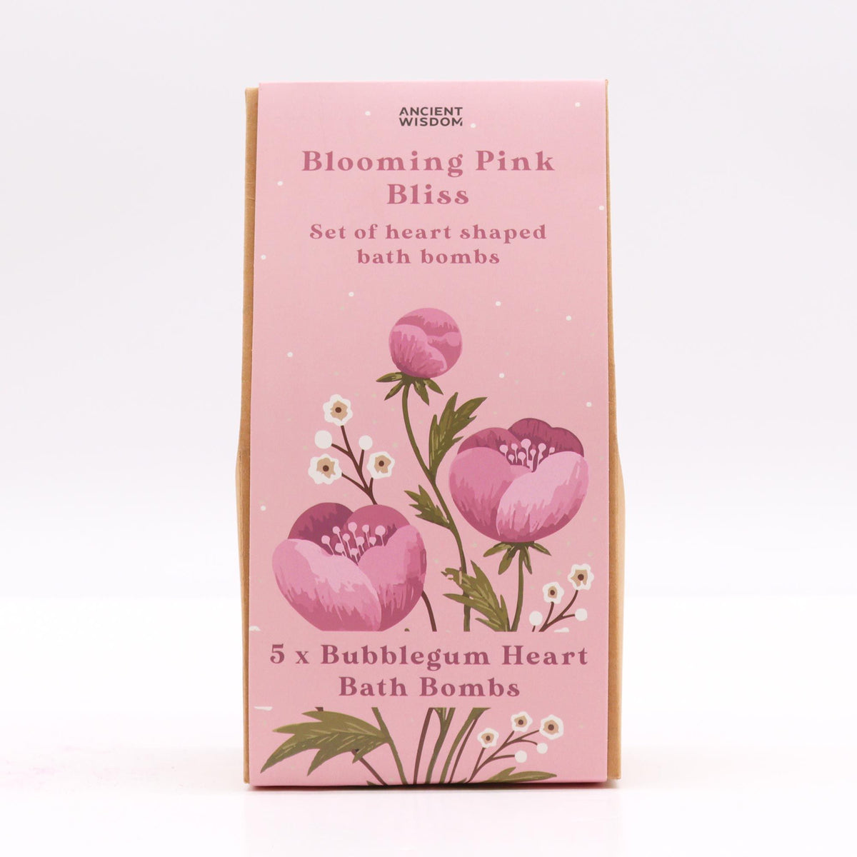 Packaging of Blooming Pink Bliss bath bombs with floral design on a white background