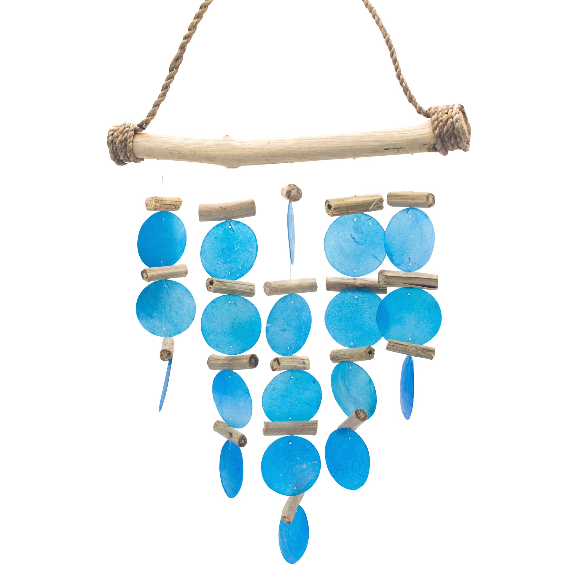 Bring a touch of natural elegance to your space with this handcrafted Blue Driftwood Chime, made by small family businesses in Bali. 
