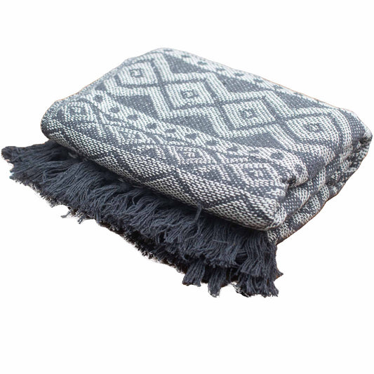 Gray and white patterned throw blanket with fringes on a white background
