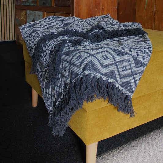 Blue patterned throw blanket draped over a yellow couch in a room with wooden paneling.