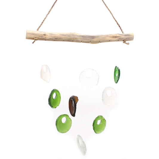Bring harmony and a touch of nature to your outdoor space with a Recycled Glass Wind Chime Bottle Bottoms Chime - Assorted. Handmade in Indonesia