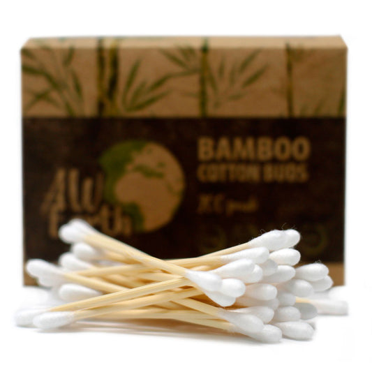 Bamboo cotton buds with a cardboard box labeled 'Bamboo Cotton Buds' on a white background.