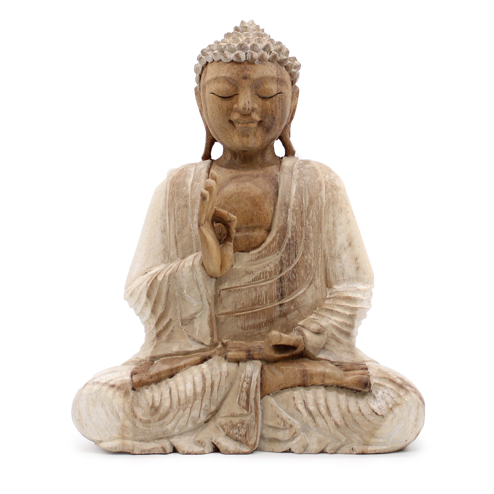 Hand Carved Buddha Statue Whitewash in Teaching Transmission Pose. Expertly crafted in Indonesia, each statue is meticulously carved by hand from sustainable Suar wood 