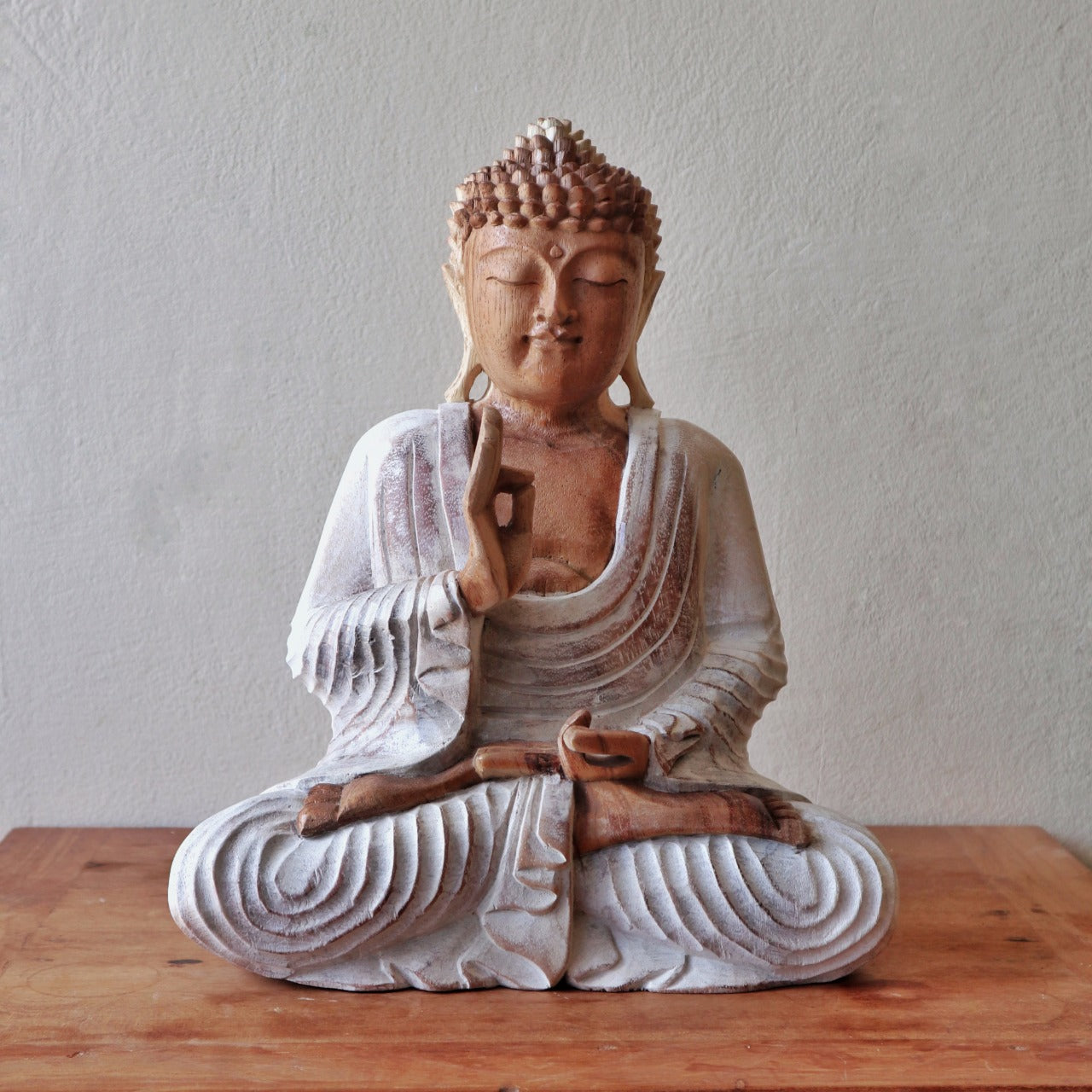 Hand Carved Buddha Statue Whitewash in Teaching Transmission Pose.  