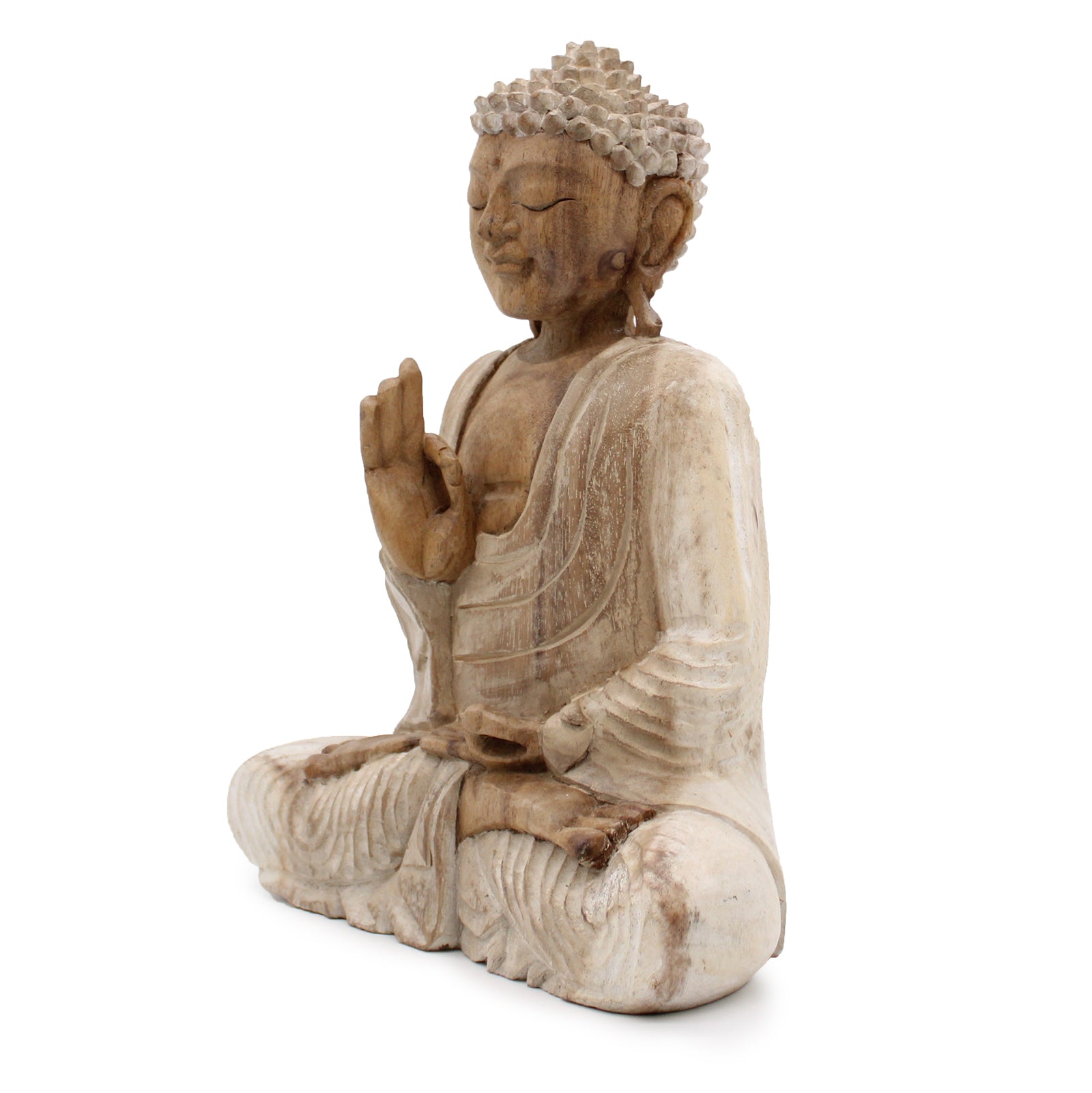 Hand Carved Buddha Statue Whitewash in Teaching Transmission Pose.  side view