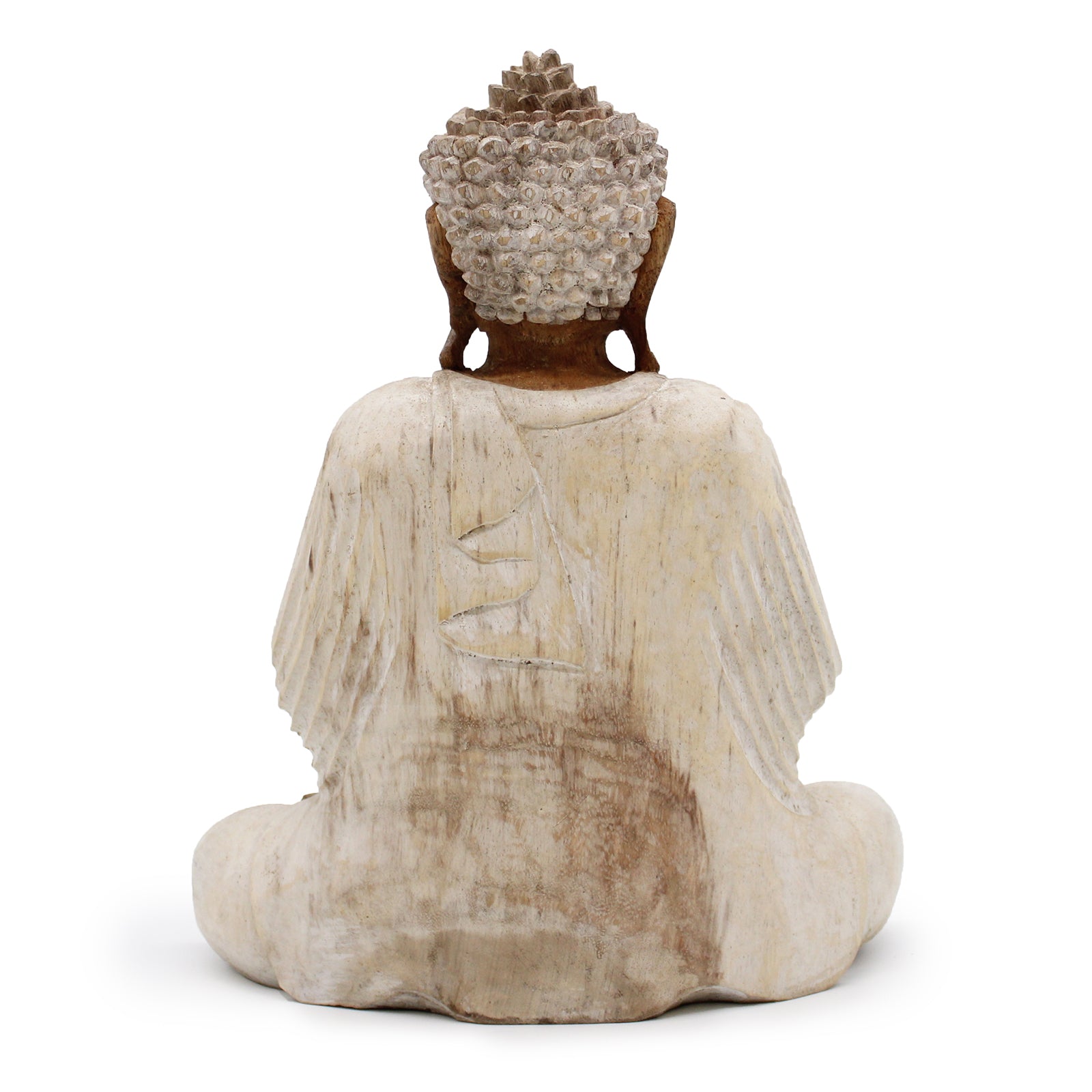 Hand Carved Buddha Statue Whitewash in Teaching Transmission Pose.  back view