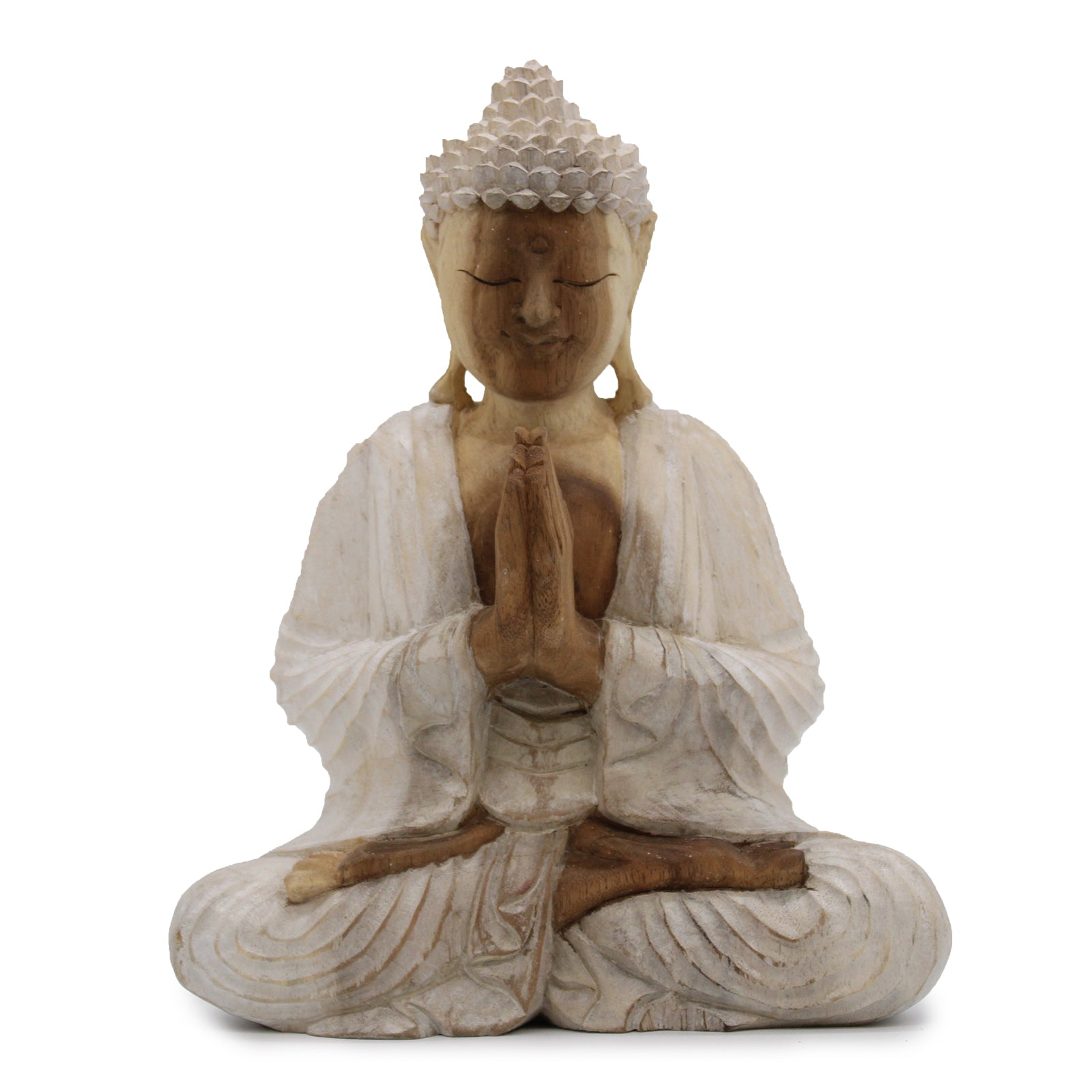 Hand Carved Buddha Statue Whitewash in Welcome Pose. Expertly crafted in Indonesia, each statue is meticulously carved by hand from sustainable Suar wood using traditional Balinese techniques.