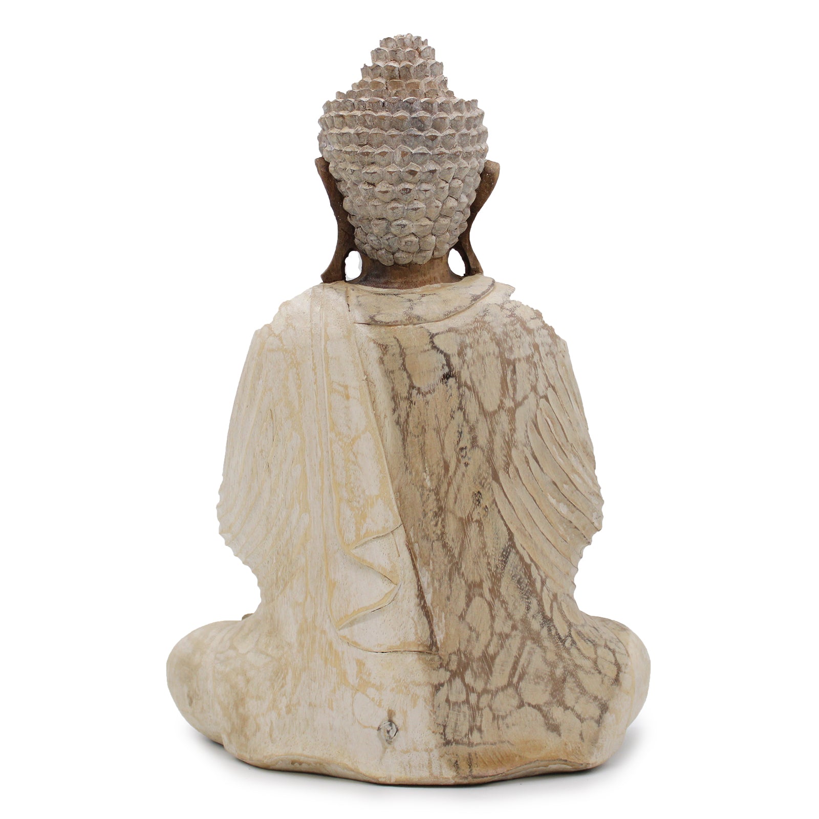 Hand Carved Buddha Statue Whitewash in Welcome Pose back view