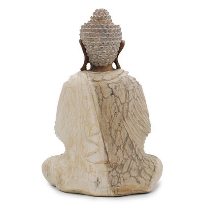 Hand Carved Buddha Statue Whitewash in Welcome Pose back view