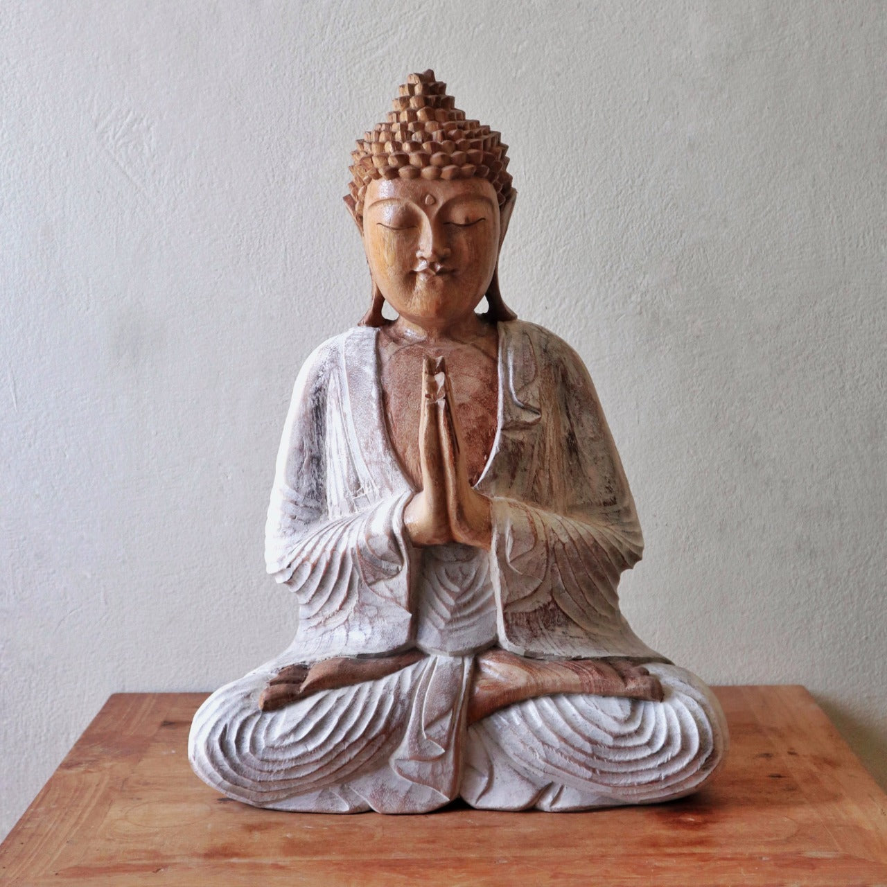 Hand Carved Buddha Statue Whitewash in Welcome Pose.