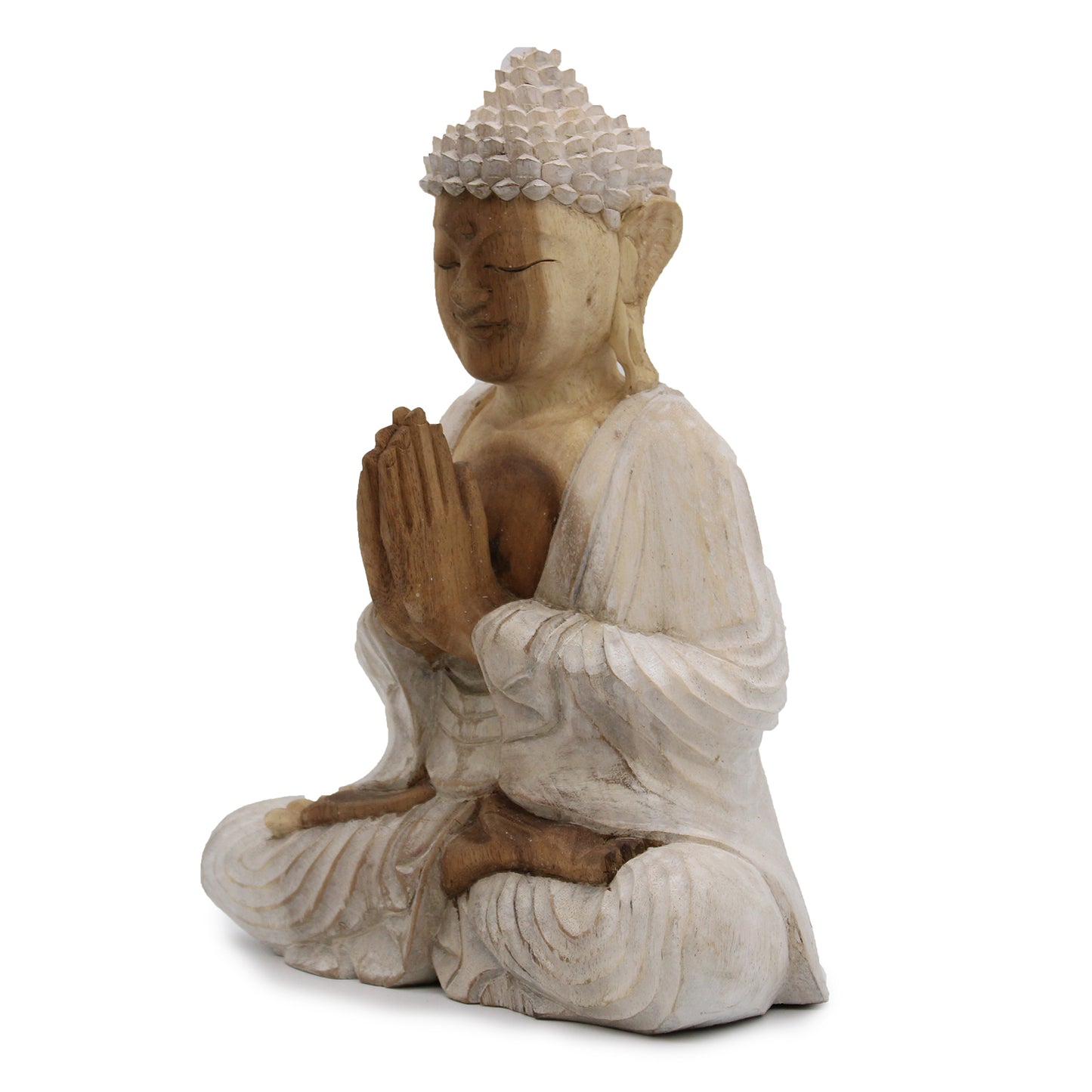 Hand Carved Buddha Statue Whitewash in Welcome Pose side view