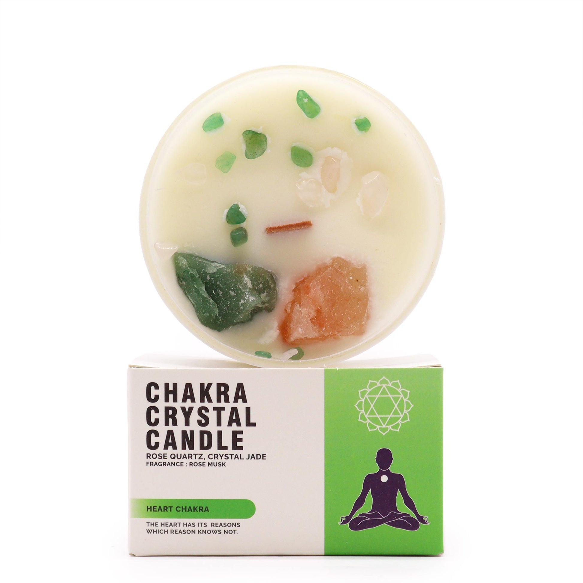 Unlock the power of your Heart Chakra with this enchanting soy wax crystal candle boxed. Embedded with Rose Quartz and Crystal Jade crystals.