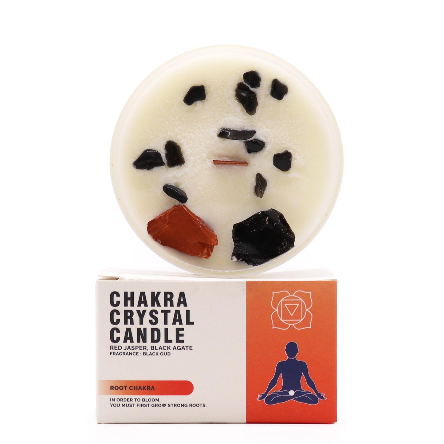Unlock the power of your Root Chakra with this enchanting soy wax crystal candle. Embedded with Red Jasper & Black Agate, gemstones boxed