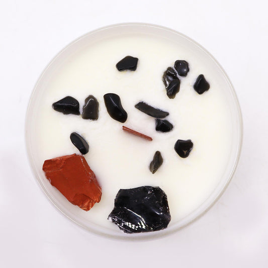 Unlock the power of your Root Chakra with this enchanting soy wax crystal candle. Embedded with Red Jasper & Black Agate, gemstones.