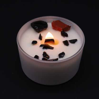 Unlock the power of your Root Chakra with this enchanting soy wax crystal candle. Embedded with Red Jasper & Black Agate, gemstones lit