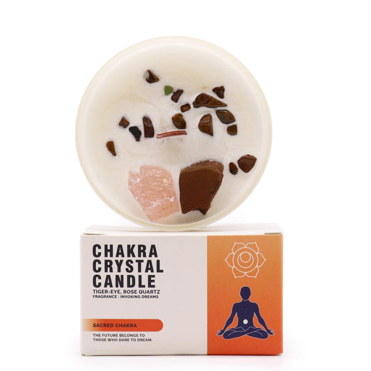 Unlock the power of your Sacred Sacral Chakra with this enchanting soy wax crystal candle. Embedded with Tiger Eye and Rose Quartz crystals, gemstones. boxed