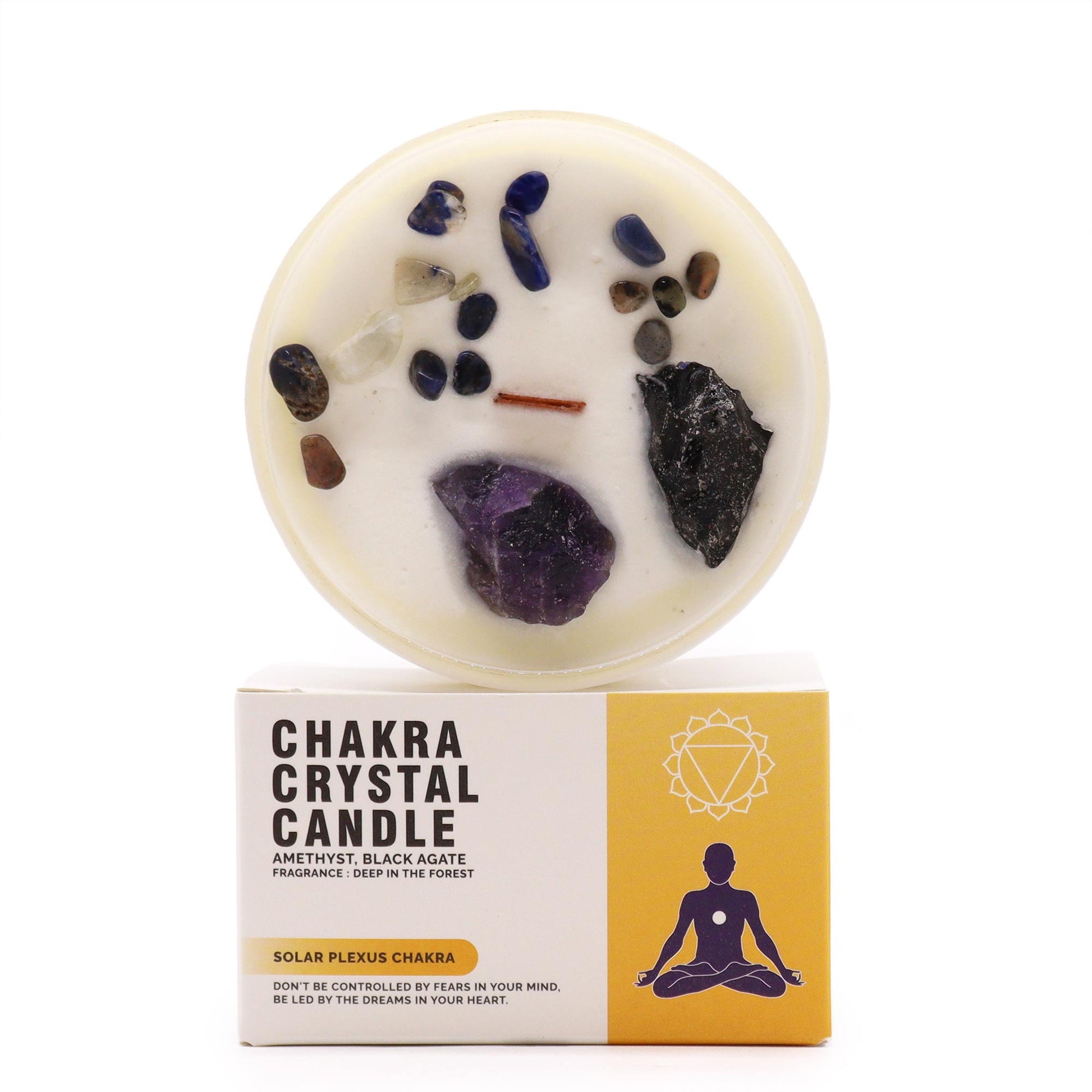 Unlock the power of your Solar Plexus Chakra with this enchanting soy wax crystal candle boxed. Embedded with Amethyst and Black Agate crystal gemstones.