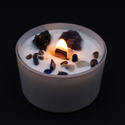 Unlock the power of your Solar Plexus Chakra with this enchanting soy wax crystal candle lit. Embedded with Amethyst and Black Agate crystal gemstones.