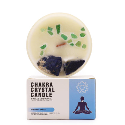 Unlock the power of your Throat Chakra with this enchanting soy wax crystal candle boxed. Embedded with Sodalite and Jade Chips gemstones.
