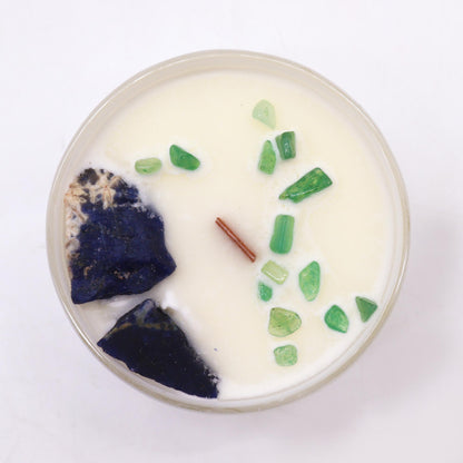 Unlock the power of your Throat Chakra with this enchanting soy wax crystal candle. Embedded with Sodalite and Jade Chips gemstones.
