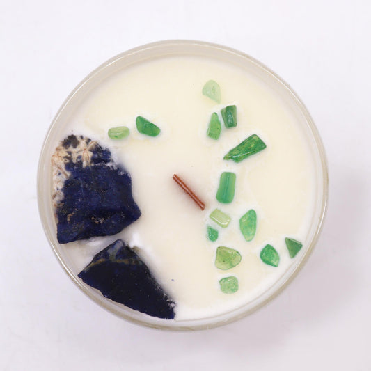 Unlock the power of your Throat Chakra with this enchanting soy wax crystal candle. Embedded with Sodalite and Jade Chips gemstones.