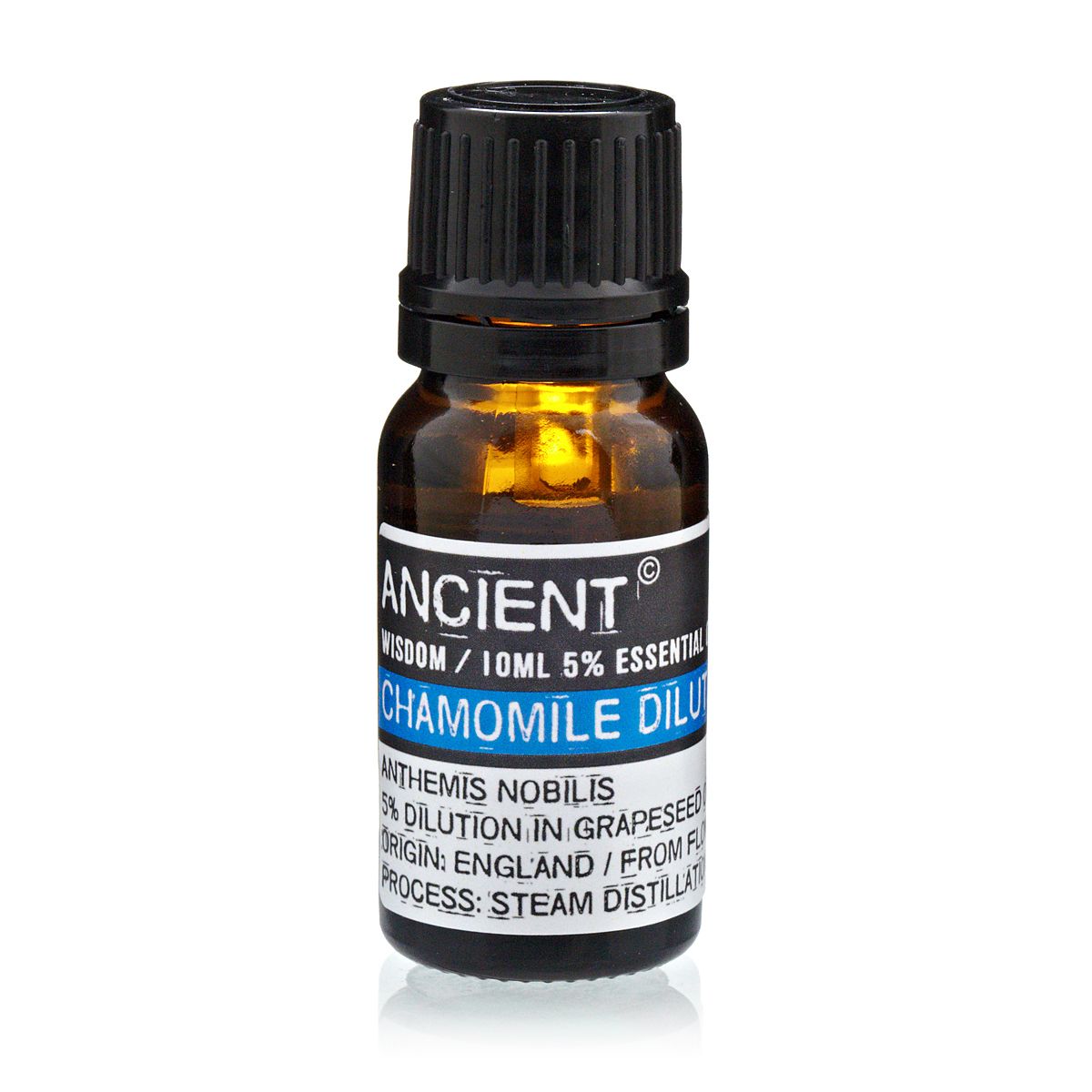 Bottle of chamomile dilution essential oil with a white label on a white background