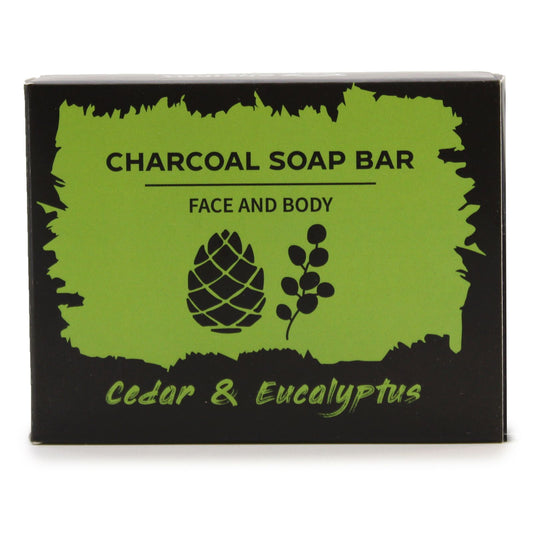 Box of Charcoal Soap Bar with Cedar & Eucalyptus scent on a white background