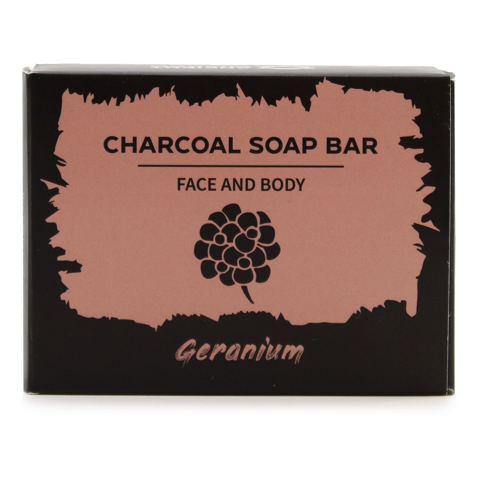 Charcoal soap bar packaging with 'Geranium' flavor on a white background