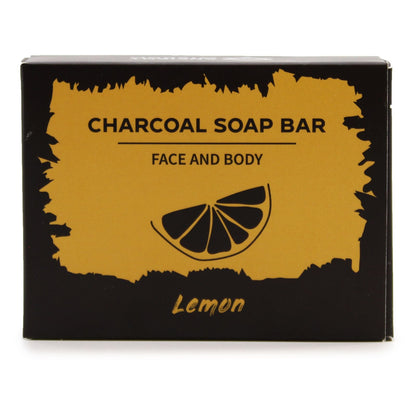 Box of charcoal soap bar with lemon flavor on a white background
