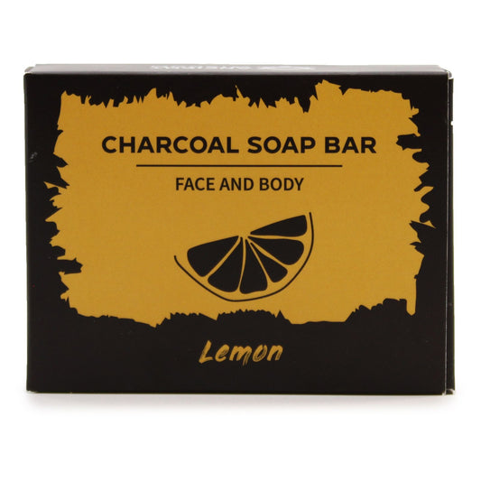 Box of charcoal soap bar with lemon flavor on a white background