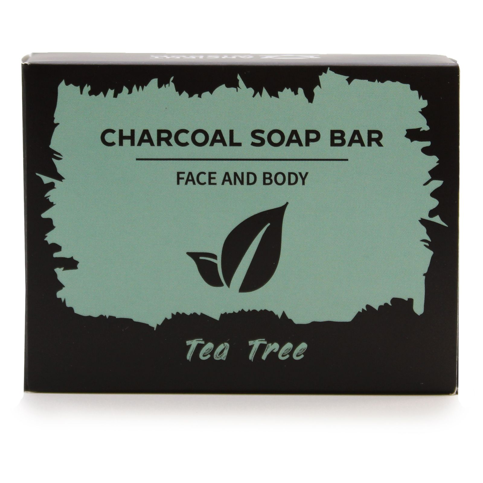 Box of charcoal soap bar with tea tree scent on a white background