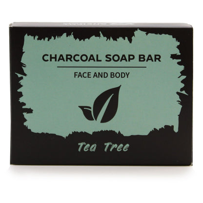 Box of charcoal soap bar with tea tree scent on a white background