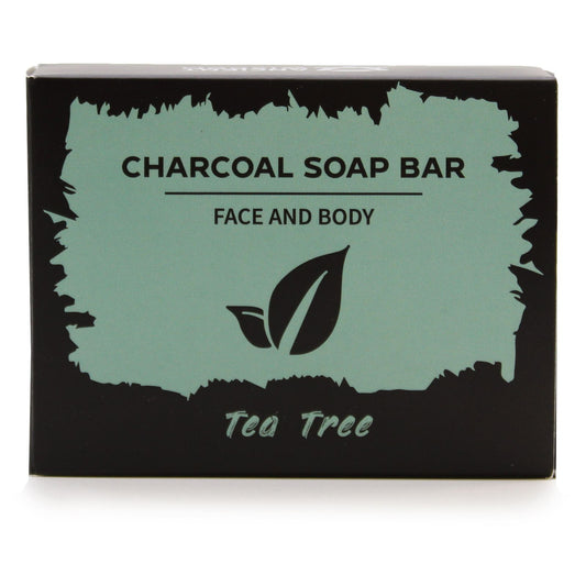 Box of charcoal soap bar with tea tree scent on a white background