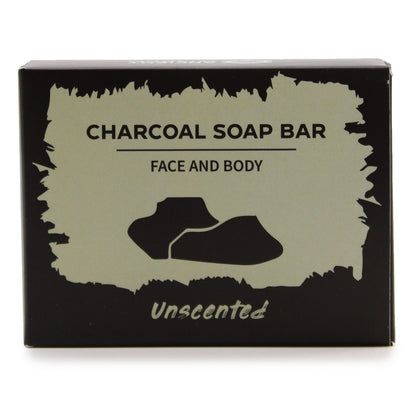 Box of charcoal soap bar for face and body with a black and white design.