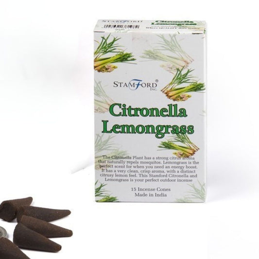 Box of Stamford Citronella Lemongrass incense cones on a white background