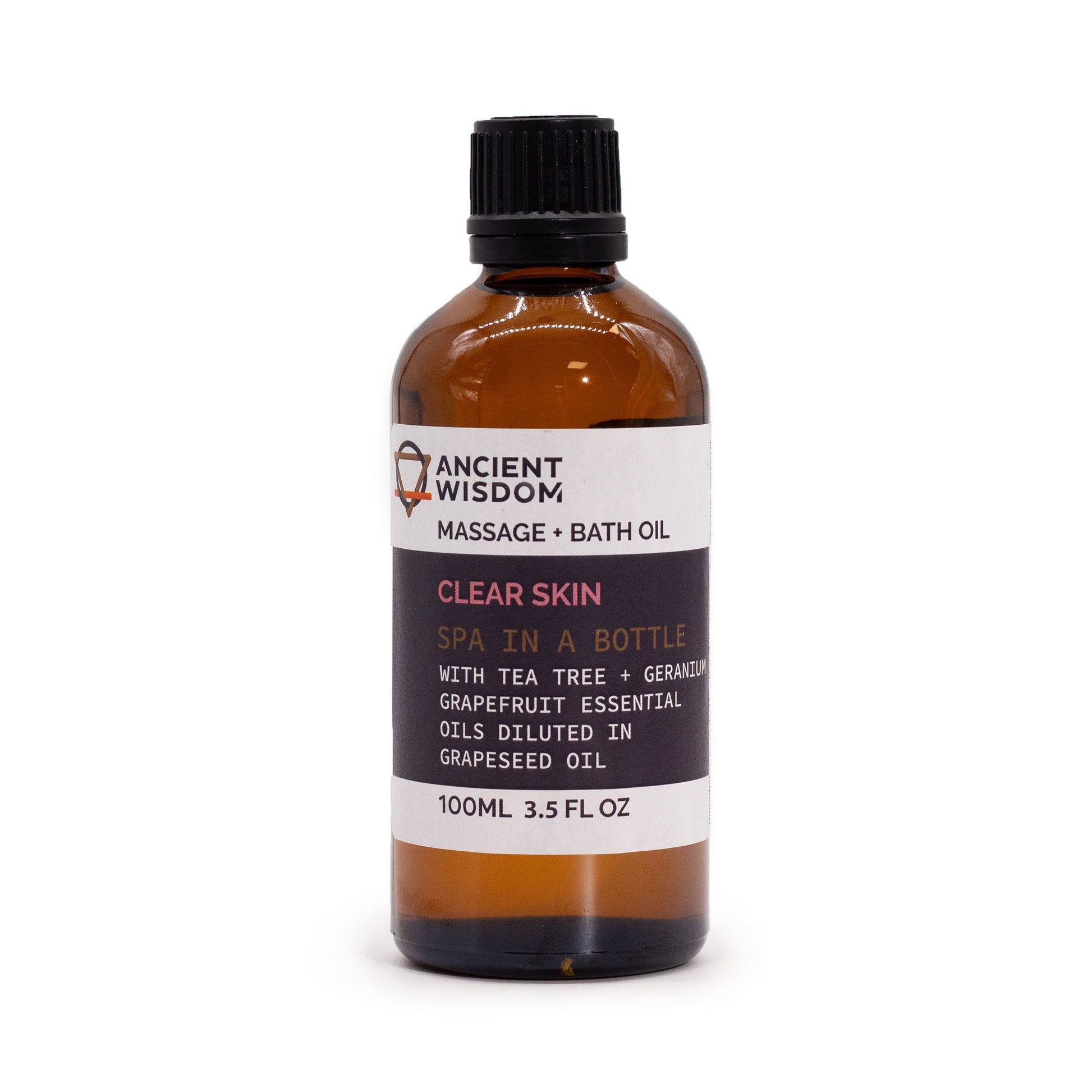 Bottle of Ancient Wisdom Clear Skin massage and bath oil on a white background