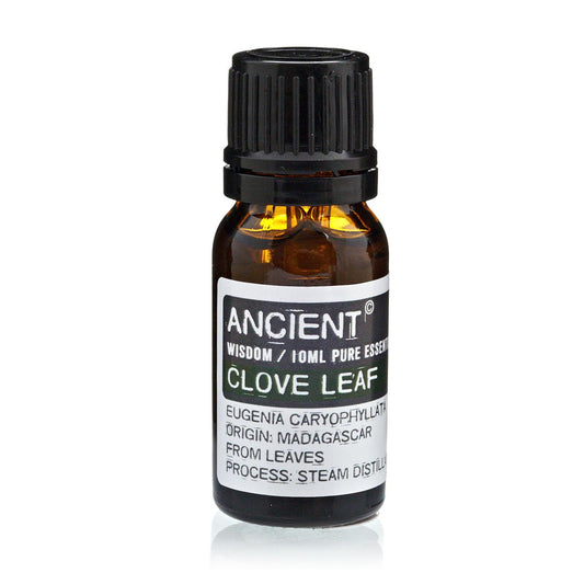 Bottle of Ancient Wisdom Clove Leaf essential oil on a white background