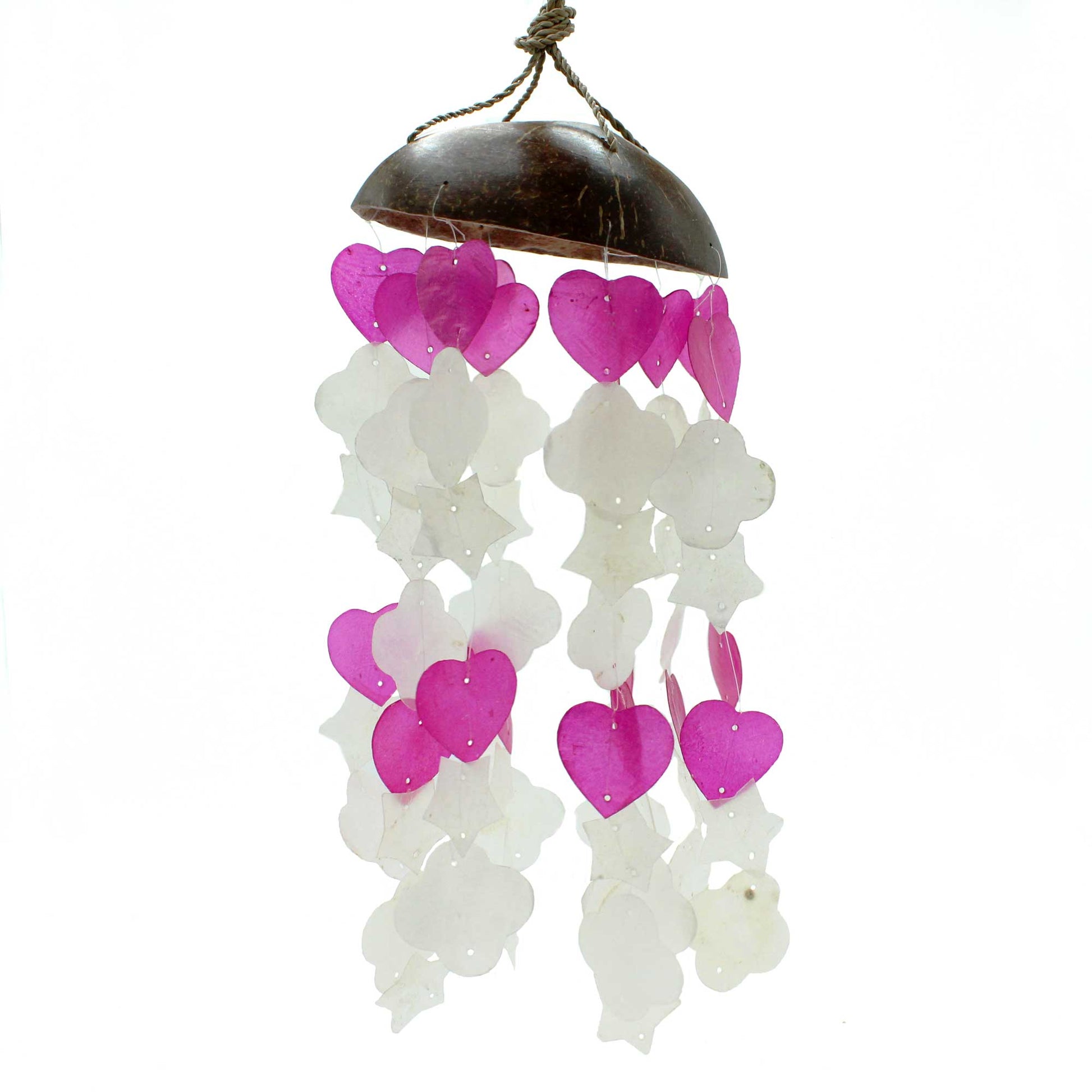 Add a splash of coastal charm to your home or garden with these beautiful Coconut &amp; Capiz Windchimes Pink and White Mix Shape made by small family businesses in Bali. 