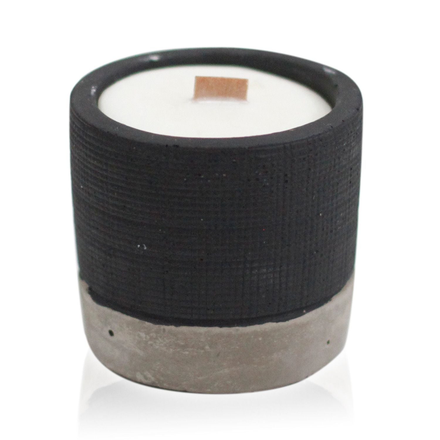Cylindrical candle with black textured band and concrete base on a white background