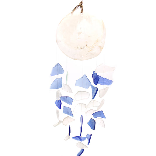 Bring harmony and a touch of nature to your outdoor space with a Recycled Glass Wind Chime&nbsp;Blue &amp; White Glass. Handmade in Indonesia by skilled artisans