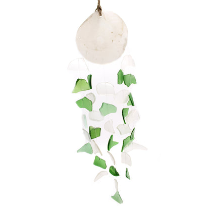 Bring harmony and a touch of nature to your outdoor space with a Recycled Glass Wind Chime Green &amp; White Glass. Handmade in Indonesia