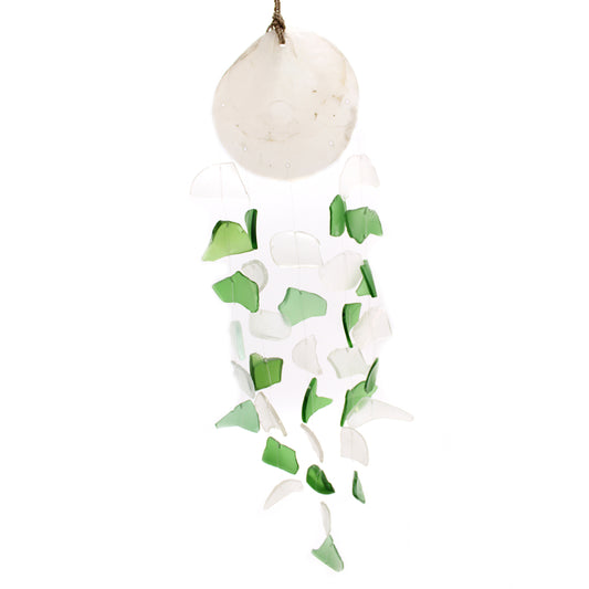 Bring harmony and a touch of nature to your outdoor space with a Recycled Glass Wind Chime Green &amp; White Glass. Handmade in Indonesia