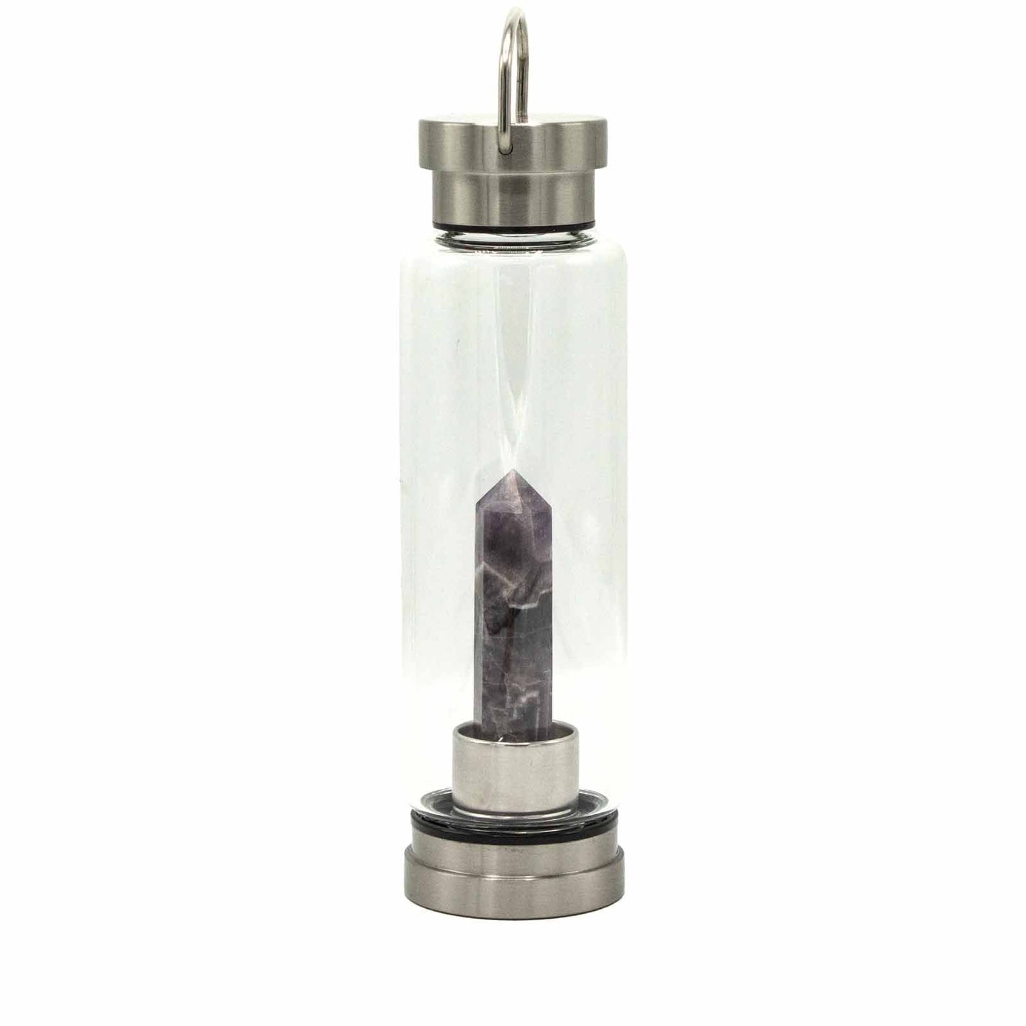 Clear glass bottle with silver cap and purple crystal inside on a white background